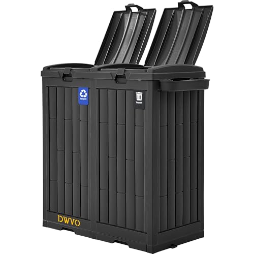 DWVO 76 Gallon Outdoor Trash Can, Dual-Compartment Resin Garbage Bin with Lid, Includes 2 Sorting Labels, Ash Holder, Stakes & Suction Cups, Hideaway Storage for Patio Backyard Garden, Black