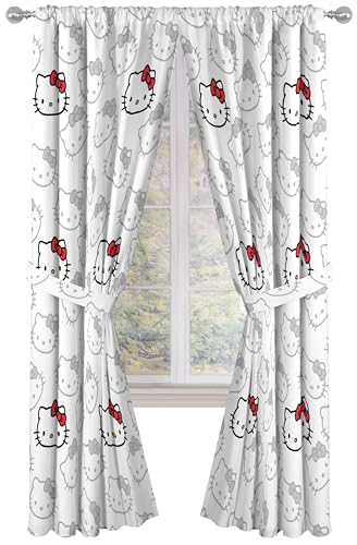 Jay Franco Lot de 2 rideaux de fenêtre pour chambre à coucher avec 2 embrasses, blanc – Hello Kitty, 106,7 cm de large x 213,4 cm de long