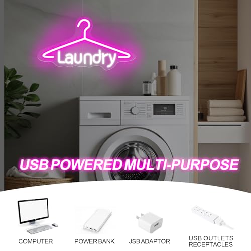 Image of Laundry Neon Sign Laundromat Led Neon Sign Washing Machine LED Light | USB Powered Neon Sign For Laundry Room Laundry Wall Art Laundry Room Decors 16.5 inchx9.1 inch, Pink+White