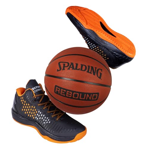 Vector X Cosmic Basketball Shoe with Spalding Rebound Rubber Basketball Combo Set for Men, Indoor & Outdoor Court Shoes and Basketball Black-Orange