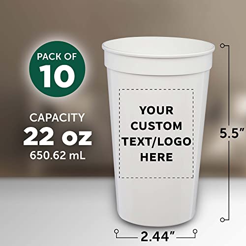 Custom Large Plastic Stadium Cups 22 Oz. Set Of 10, Personalized Bulk Pack - Perfect For Birthdays, Picnic, Beach, Parties - White #TOP4
