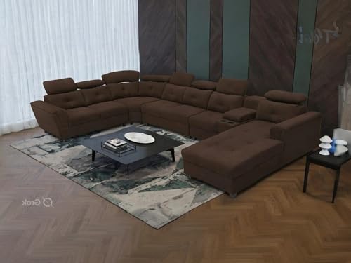 Image of Mishel 12 Seater Sofa Set for Living Room | Sectional U Shaped 12 Seater Sofa with Storage & Cupholder (Dark Brown Fabric, RHS)