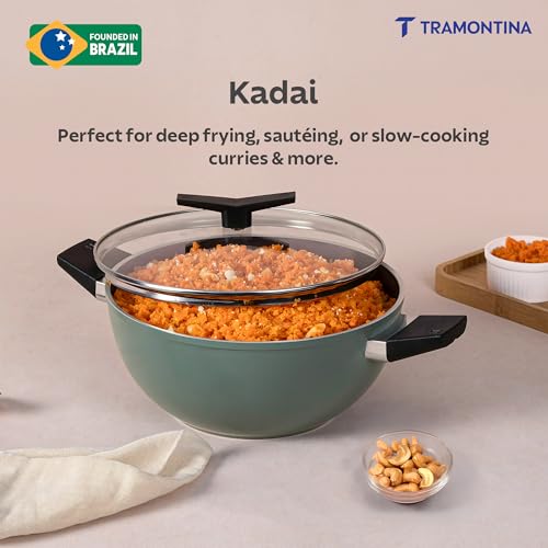 Image of TRAMONTINA Aura Extra Deep 28cm Kadai with Lid, 5.6L | Reinforced Ceramic Non-Stick Cookware | Quick & Even Heating | Low-Oil Cooking | Bakelite Handle | All Cooktop Compatible | Sea Green