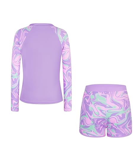 Image of Alakuoti Girls Rash Guard Swimsuit Two Piece Bathing Suit UPF 50+ Sun Protection Long Sleeve Swimwear 6-14 Years