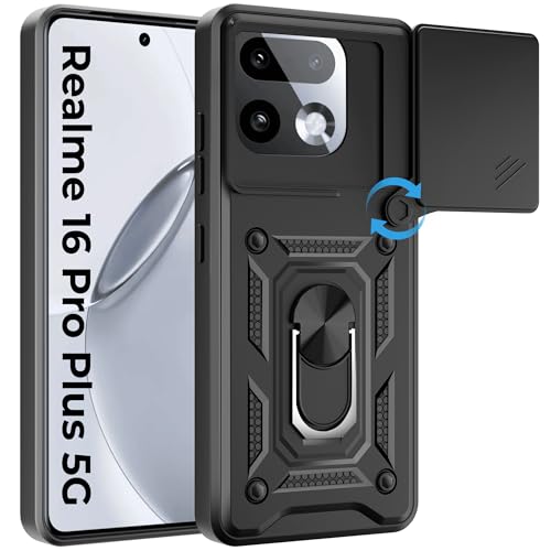 Image of A rtistque Armor Bumper Back Cover Case for Realme 16 Pro Plus 5G | Ring Holder Stand | Sliding Camera Protection | Shockproof Heavy Duty Design | Realme 16 Pro Plus Back Cover - Black