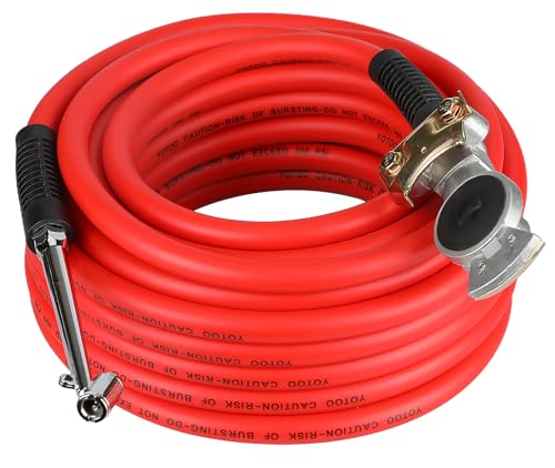YOTOO Truck Tire Inflator Kit with Heavy Duty 3/8 I.D by 50 FT Length Hybrid Air Hose Universal Glad Hand and Dual Air Chuck Inflator Red