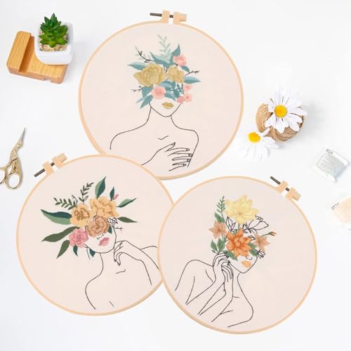 Image of EOBTAIN 3 Pcs Embroidery Kit for Beginners Adults Boho Floral Hand Stamped Embroidery Satrter Kits DIY Cross Stitch Kits with Embroidery Hoop,Needles and Threads,Gifts for Woman at Home Embroidery Kit
