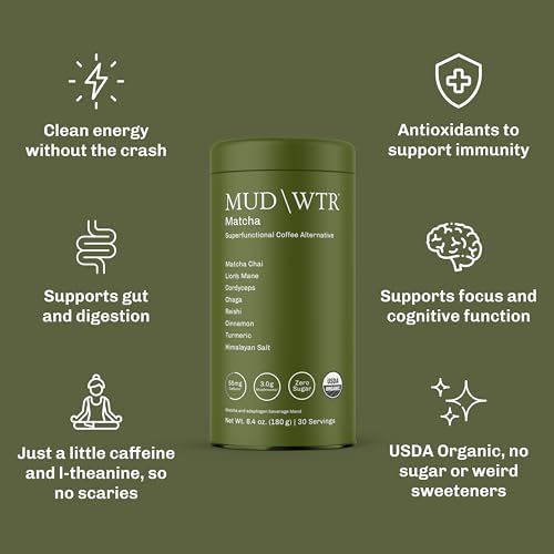 Image of MUDWTR Mushroom Matcha Powder | 3,000mg of Adaptogenic Mushrooms | Japanese Matcha Powder Blend | USDA Organic | Energy, Focus & Immunity Support | Lion's Mane, Chaga, Reishi, Cordyceps | 30 Servings