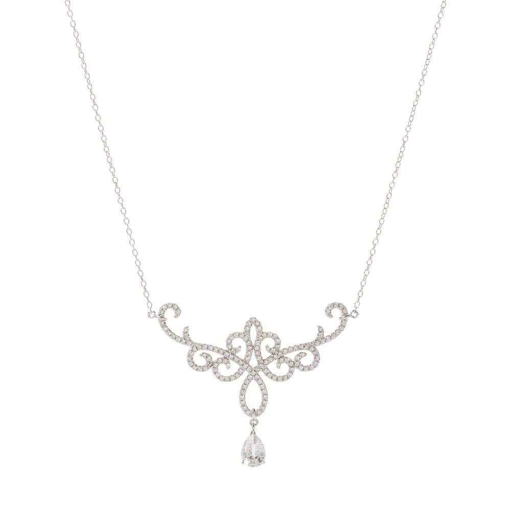 Element JewelryRhodium over 925 Silver Filigree Teardrop Necklace with CZs- 16 + 2 IN
