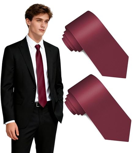 Fineknot Burgundy Ties for Men, 2PCS Formal Neckties for Men, Solid Color Mens Ties for Business, Wedding, Party, Burgundy Neck Tie