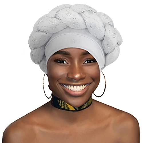 Woeoe African Turban Head Wrap Silver Braid Beanie Cap Headwear Crystals Twisted Head Turbans For Women And Girls (Silver) #TOP5