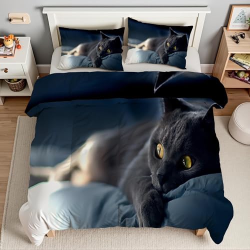 Housse de couette 220x240 chat anti-plis en microfibre douce facile d'entretien