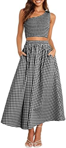 ANRABESS Women's 2 Piece Outfit Plaid One Shoulder Smocked Crop Top and Long Skirt Set with Pockets 543heibaige-M