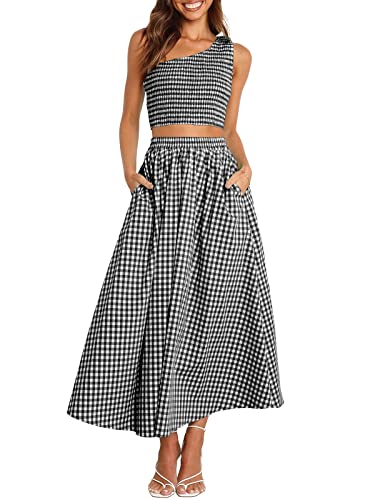 Anrabess Women's 2 Piece Outfit Plaid One Shoulder Smocked Crop Top And Long Skirt Set With Pockets 543Heibaige-M #TOP15
