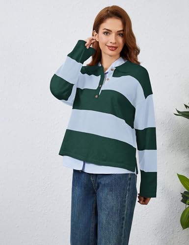 Image of Womens Striped Sweater Rugby Polo Shirts Y2k Collar Pullover Tops | Rugby Shirt,Long Sleeve Knit Top,Lapel V Neck Jumper,Oversized,Casual Outings Streetwear,Preppy Sweater,Fall Winter Clothes