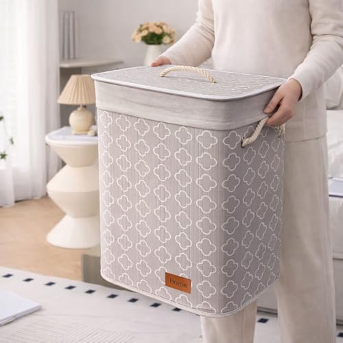 Image of Amazon Brand - Umi Rectangle Bamboo Laundry Basket for Clothes with Lid Quatrefoil Printed Hamper | Eco-Friendly, Foldable & Lightweight Organizer (Cream, 40x30x50 cm, Pack of 1)