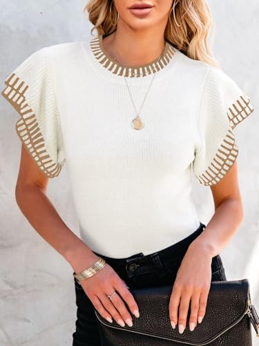 Image of Saodimallsu Womens Short Sleeve Sweater Summer Striped Top Soft Knit Shirts | Ruffle Sleeve,Loose,Crew Neck,Lightweight,Casual,Work,Spring,Womens Tops,Pullover,Fall