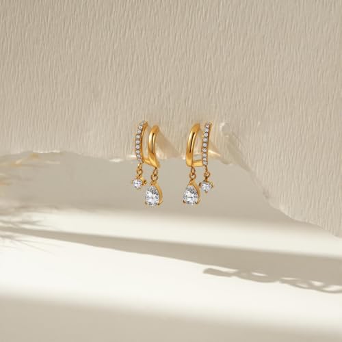 14K Gold Plated C Shaped Hoop Earrings for Women Double Huggie Hoop Dangle Earrings Cubic Zirconia Teardrop Earring (color1-double huggie with teardrop) by GOGZBD - Used condition - Image 6