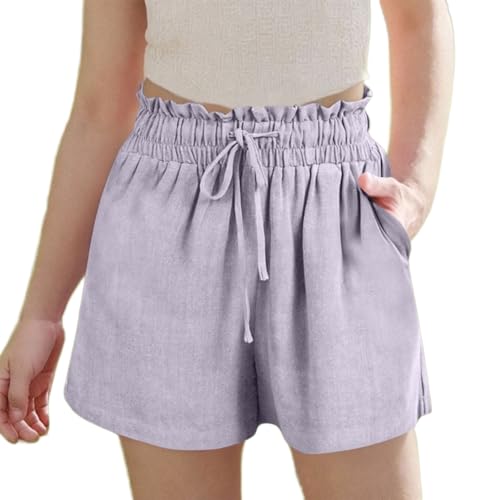 Dmmtot Pantalones cortos de lino para niñas, estilo informal, de verano, cintura alta, pierna ancha, con cordón, pantalones cortos sueltos, cómodos, modernos, transpirables, holgados, para