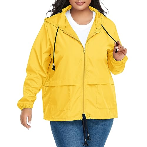 American Trends Plus Size Yellow Raincoat Women Lightweight Waterproof Yellow Rain Jacket Packable with Hood Windbreaker for Women 3XL