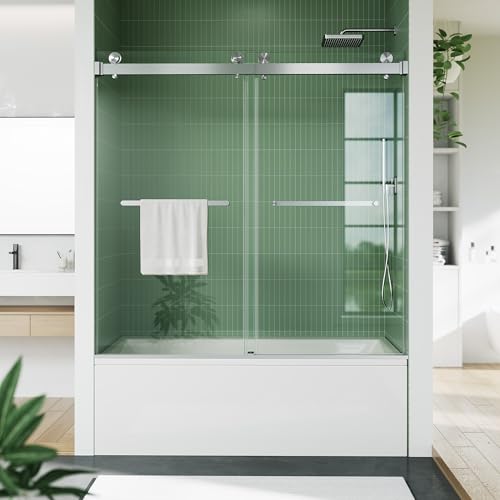 Image of GarveeTech 56-60 inch W x 59 inch H Shower Doors, Frameless Shower Door, Sliding Glass with 1 /4 inch (6mm) Clear Tempered Glass for Bathroom,Brushed Nickel