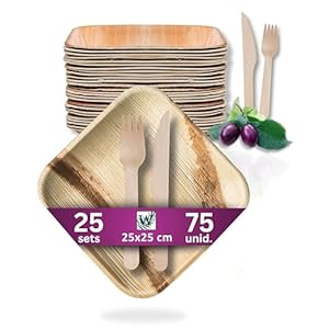 Waipur Platos Hoja de Palma y Cubiertos de Madera – 25 Platos Grandes, Cuchillos y Tenedores – Vajilla Desechable Ecológica de Lujo, Elegante, Natural y Compostable – como Platos Bambu