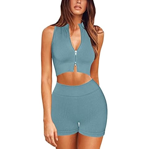 Workout Sets for Women 2 Piece Outfits Seamless Ribbed Two Way Zip Sleeveless Crop Top High Waist Shorts Yoga Gym Sets, Blue, Medium Cover