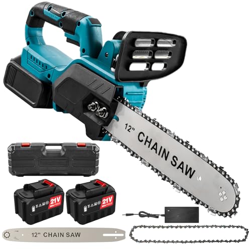 Motosierra a batería, motosierra inalámbrica de 21 V con 2 baterías de 3,0 mAh,motor sin escobillas,longitud guía-cadena de 12 pulgadas, lubricación automática, para corte de madera y mantenimiento de
