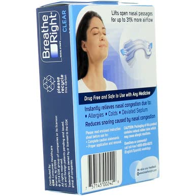Breathe Right Nasal Strips - Clear - For Sensitive Skin - Sm / Med Clear Strips - 30 Count Strips Per Box - Pack of 3