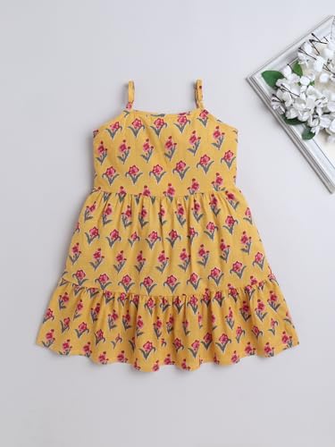 Image of The Magic Wand Kids Girls Printed Casual Dresses, Knee Length Singlet Strap Fit & Flared Cotton Once Piece Stylish Frocks for Summer Season
