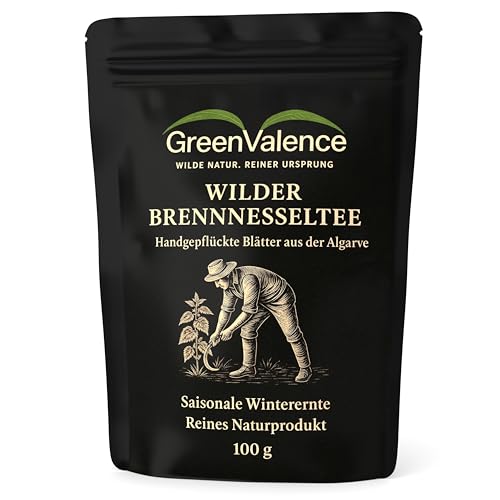 GreenValence Wilder Brennnesseltee - Geschnittene Brennnesselblätter aus Portugal - Handgepflückt & Schonend Getrocknet - Natürliches Kräutertee-Aroma - Premium Qualität aus Wildsammlung (100g)