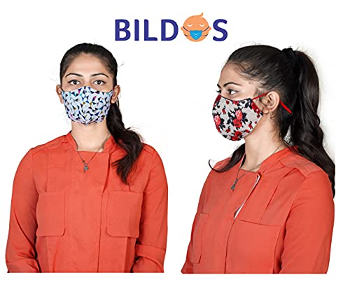 Image of Bildos Cotton Flower & Crystal Printed Cloth Without Valve Super Breathable Reusable Women's & Girl's Face Mask with Adjustable Ear Loop (Multicolour) - Pack of 12
