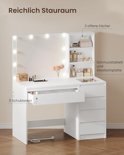 Schminktisch mit Beleuchtung, Schminktisch mit Schmucktablett, Einstellbare Helligkeit, Kosmetiktisch mit Steckdosen, Schminktische mit Spiegel, Frisiertisch mit 5 Schubladen, 3 offene Fächer, Weiß