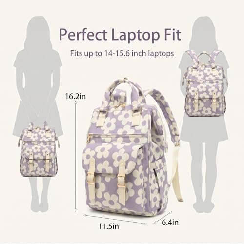 Image of Corduroy Laptop Backpack for Women 15.6 Inch Stylish College School Bookbag, Business Work & Travel Computer Backpacks (Large Floral Purple)