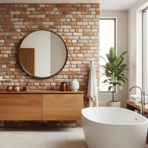 Image of Round Wall Mirror with Durable Wooden Frame - 24 inch (Brown) | Modern Decorative Wall Hanging Mirror for Bathroom, Bedroom, Basin, Dressing Table, Entryway & Home Interior Decor