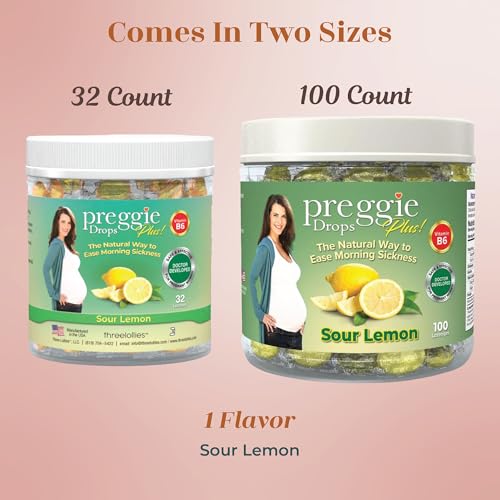 Image of Three Lollies Preggie Drops Plus Pregnancy Nausea Relief Drops with 10 mg Vitamin B6 and Essential Oils, Morning Sickness and Queasy Stomach Support for Pregnant Women, Sour Lemon, 100 Count