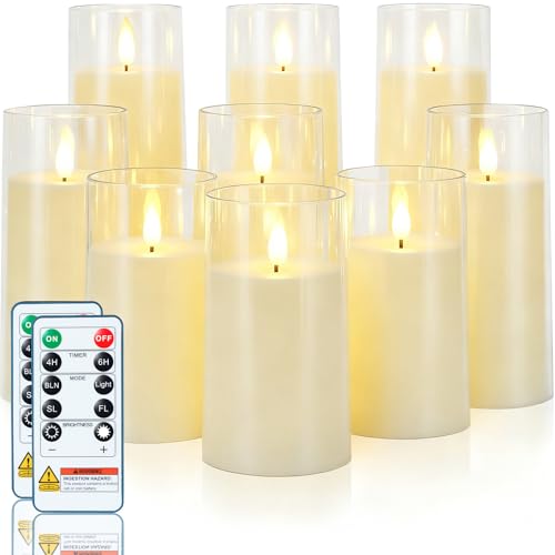Image of Homemory Ivory Flickering Flameless Candles, Battery Operated Acrylic LED Pillar Candles with Remote Control and Timer, Set of 9