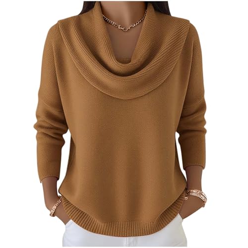 Suéter suave y elegante de color sólido con cuello con volantes, suéteres acogedores para mujer 2025, suéter holgado casual de punto, marrón, L