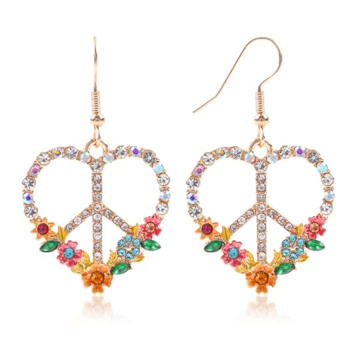 Peace Sign Earrings Heart Flower Diamond Drop Earrings for Women Girls, Zirconia Love Heart Pendant Dangle Earring, Silver Rose Gold Chain Birthday Valentines Day Jewelry Gifts