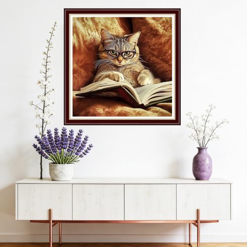 Image of Fanxvivy Stamped Cross Stitch Kits for Beginners Full Range of Cross Stitching Preprinted Embroidery Kits for Adults, 11CT Embroidery Pattern Needlepoint Kits- Cat Reading 18x18 inchs