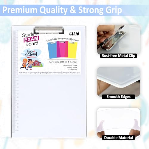 Image of GLUN Foggy Transparent Acrylic Exam Board with Ruler Marks, Exam Pad Clipboard, 14 x 10 Inches, Writing Board for Exams, School & Office Use