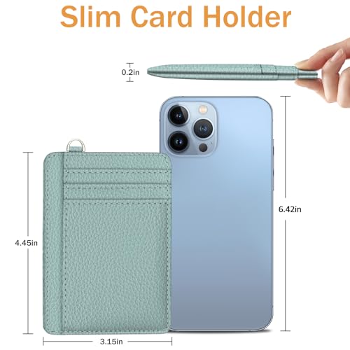 Image of Yonlevres Credit Card Holder Women Slim RFID Blocking Wallet Small Green | Front Pocket, Handy, RFID Blocking, Woman Girls Ladies Gifts, D-ring for Keychain,Thin Mini Card Case, ID Window, PU Leather
