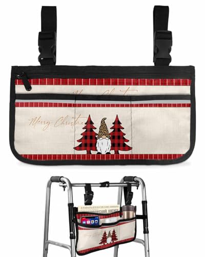 Anzona Merry Christmas Wheelchair Side Bag Walker Bag, Xmas Gnome Red Plaid Trees Burlap Wheelchair Accessories Armrest Pouch, Organizer Storage Bag for Walkers, Rollators, Scooters, 7.3''x13''