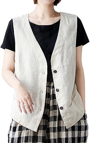 Gilet En Lin Et Coton Pour Femme Grande Taille - Décontracté Sans Manches Uni