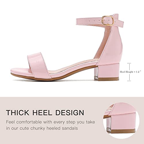 Image of Dufannie Girls Sandals Low Heels Dress Pump Ankle Strap Open Toe Flower Girl Wedding Party for Toddler Little Big Kid