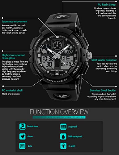 Image of PASNEW Boys' Watches - Dual Display, Large Dial Sport Watch, Black Outdoor Watch for Boys & Teens - Waterproof