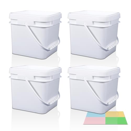 UMETASS Square Clear Plastic Bucket Set - 4 Packs Airtight Storage Containers with Pressure Lids & Handle, Food Grade for Home & Outdoor (White, 1.3 gal)