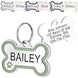 GoTags Stainless Steel Bone Dog Tag with Color Outline and Paw Print, Personalized Pet ID Tag for Dogs and Cats, Custom Engraving with up to 5 Lines of Text on Both Sides (Green, Regular)