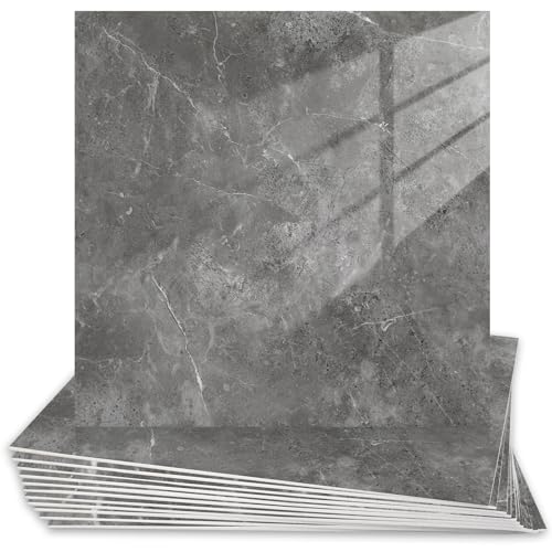 12pcs Gray Marble Peel and Stick Tiles 11.8"x11.8" Waterproof Heat Resistant Self Adhesive Removable PVC Wall Panels for Kitchen Backsplash, Bathroom, Laundry Room (Not Real Tile, Not for Floor)