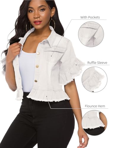 Image of Suvimuga Women's Denim Jacket Button Down Distressed Ruffle Sleeve Crop Jean Jackets Coat